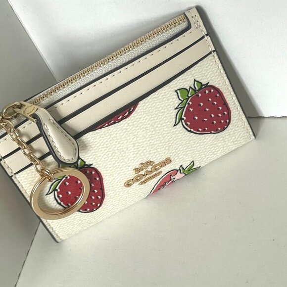 Coach Mini Skinny ID Wallet Strawberry Print Keyring CAR17 Womens White Red - Picture 9 of 10
